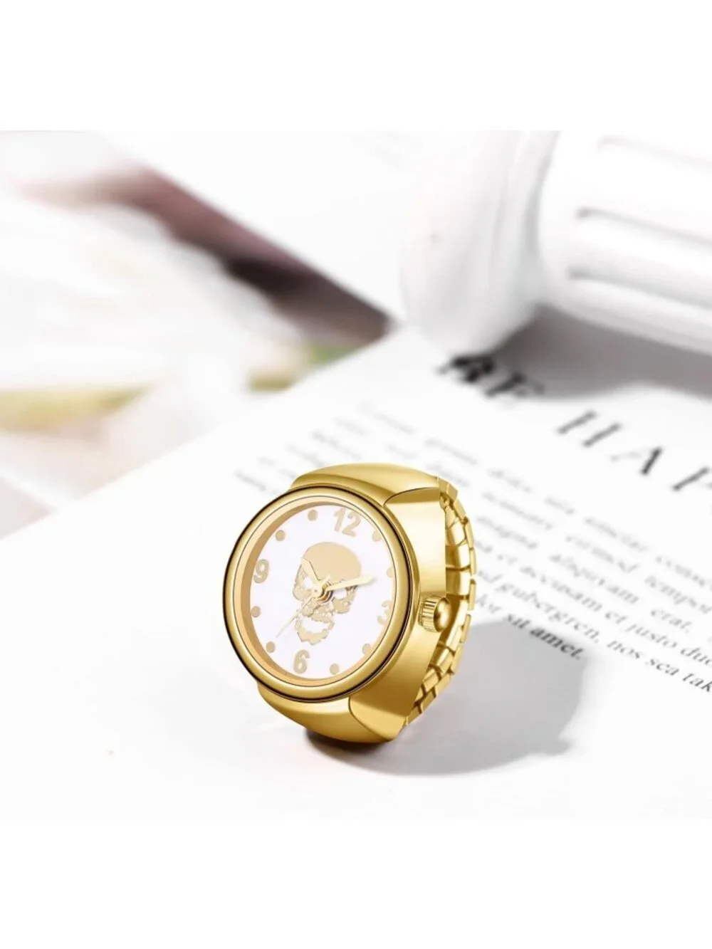 Unisex Gold Analog Quartz Rhinestone Vintage Elastic Skull Finger Ring Watch
